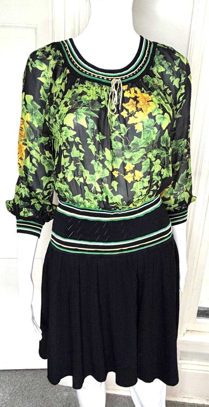 Class by Roberto Cavalli Dress Black Knit Green Floral Silk Midi Size 8